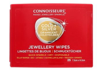 Chusteczki do Czyszczenia Biżuterii, Srebra, Złota Connoisseurs. Chusteczki Jewellery Wipes to szybki sposób na czyszczenie złota, srebra i zegarków. Jednorazowe, suche, z warstwą ochronną. 25 sztuk w opakowaniu – idealne na.jpg